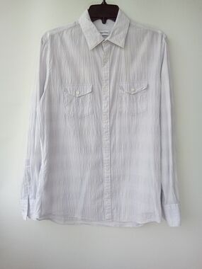 Calvin Klein Men's White Seersucker Button Up Shirt Long Sleeve Flap Pockets S